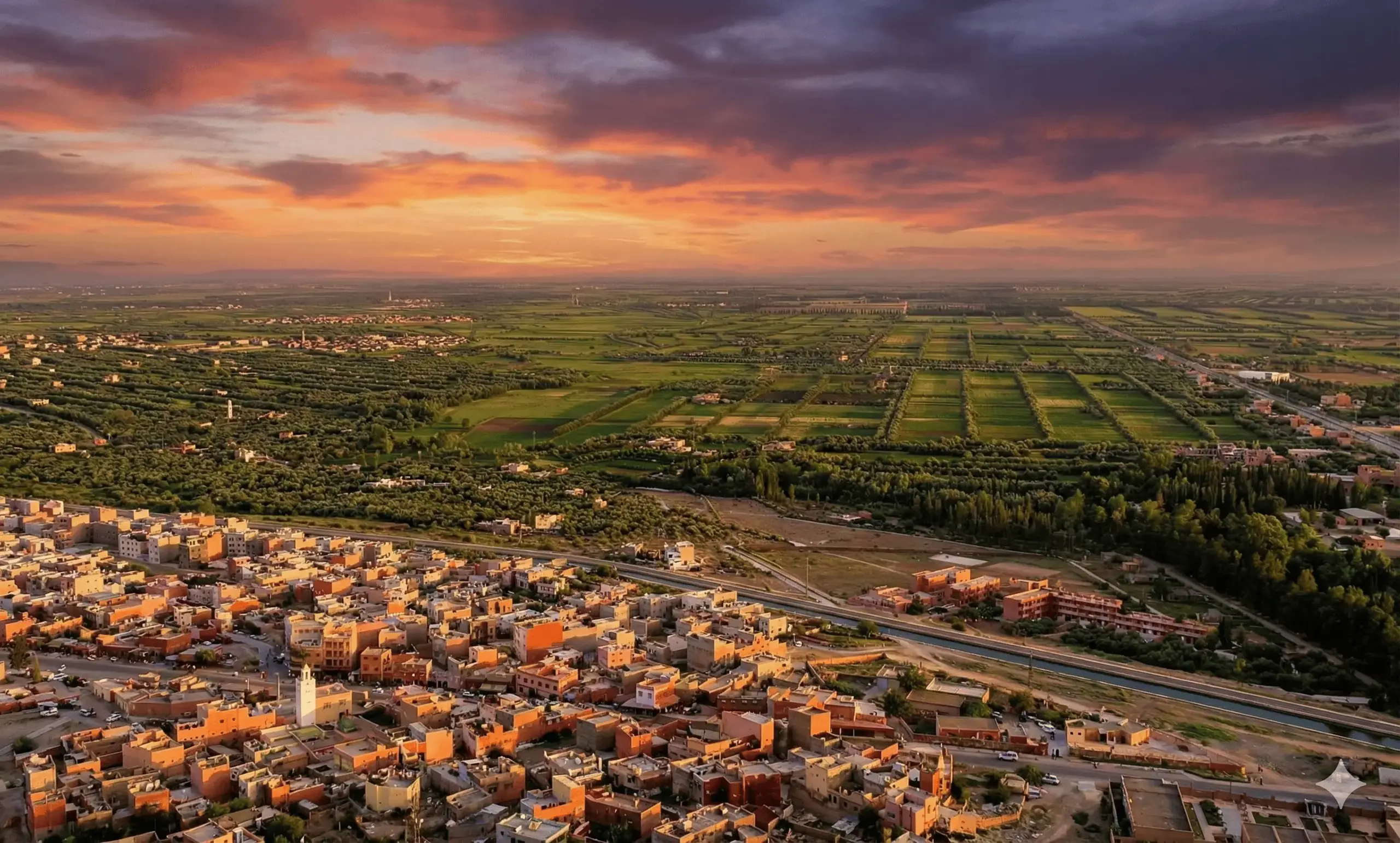 Aerial view of Afourar and the irrigated Tadla plain at sunset