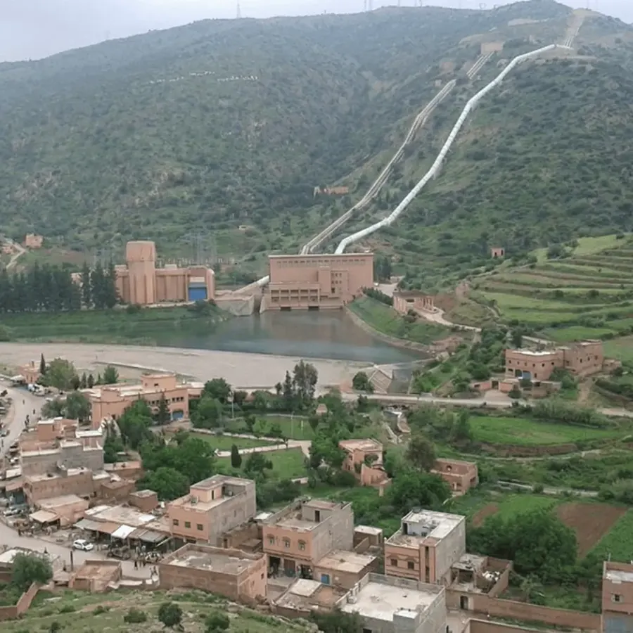 Penstock pipes running down the mountainside to the Afourar hydroelectric power house above the town
