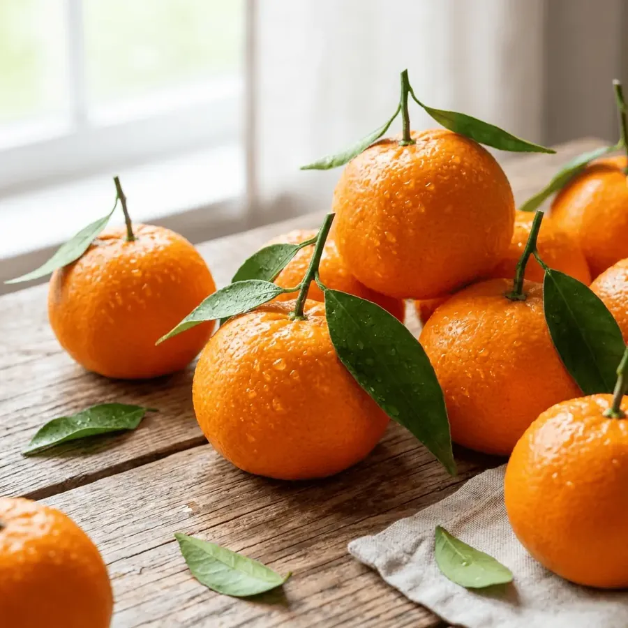 Freshly picked Nadorcott mandarins with leaves attached on a wooden table